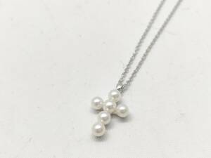 1円 超美品 田崎 パール クロス SILVER留め具 ネックレス BN819