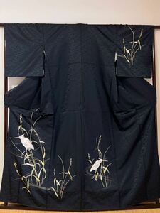  kimono visit wear attaching lowering black kimono swan . Japanese clothes rare goods 