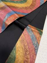 帯 虹色 曲線模様 袋帯 織物 きもの 黒地 和装 着物 _画像4