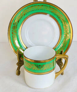 1920 year Old Noritake small . maru ki seal gold paint green band pattern small cup and saucer 