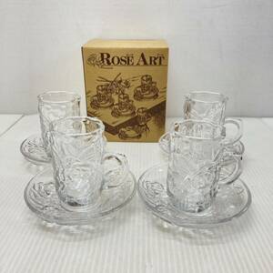 ROSE ART ローズアート カップ & ソーサー ガラス 硝子 ティーカップ 4客 セット バラ 薔薇 昭和 レトロ 日本製 インテリア 箱付 未使用