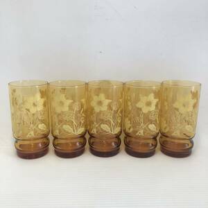 ADERIAGLASS アデリア ガラスコップ 5客 タンブラー コップ グラス アンバー 茶色ガラス 洋食器 花柄 昭和レトロ コレクション 