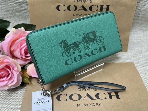 コーチ COACH 長財布 財布 ホースアンドキャリッジ 馬車 アコーディオンラウンドファスナー プレゼント 贈り物 ギフト グリーン 新品