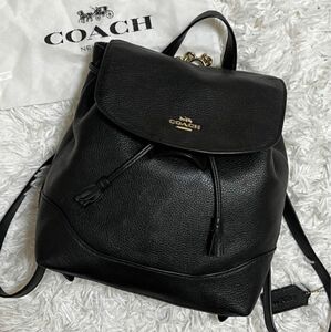 美品　COACH コーチ リュック レザー ブラック 500ml収納可 巾着 バックパック チェーン　黒　タッセル