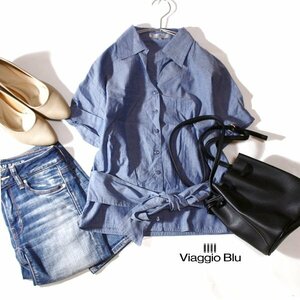 美品 Viaggio Blu ビアッジョブルー 可愛いリボン フレンチスリーブ コットンシャツ 1号 S 春 夏 24B05