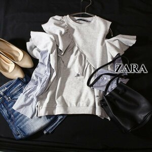 美品 ザラ ウーマン ZARA WOMAN 可愛いフリル カットショルダー 異素材切り替え スウェット プルオーバー S 春 秋 合服 24C05