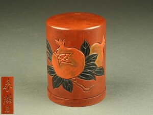 【宇】ED303 象湖刀 彩色柘榴彫 碗筒 煎茶道具