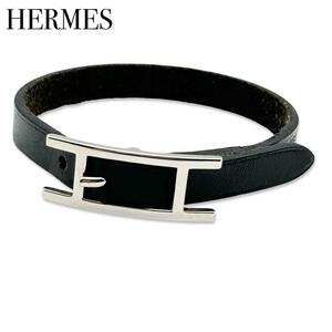 HERMES エルメス アピ3 レザー シルバー ブレスレット チョーカー アクセ ブラック