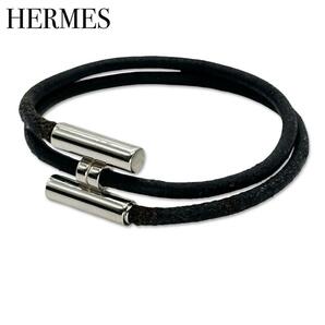 HERMES エルメス トゥルニ レザー シルバー金具 ブレスレット バングル ブラック