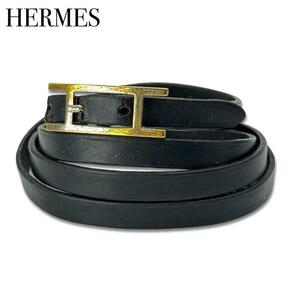 HERMES エルメス アピ3 レザー シルバー ロング ブレスレット チョーカー ブラック