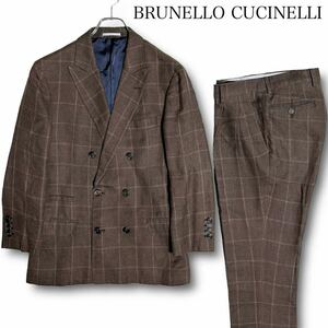 希少Lサイズ★ BRUNELLO CUCINELLI ブルネロクチネリ ダブルスーツ リネン シルク ウィンドウペン セットアップ 格子柄 チェック ブラウン