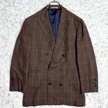 希少Lサイズ★ BRUNELLO CUCINELLI ブルネロクチネリ ダブルスーツ リネン シルク ウィンドウペン セットアップ 格子柄 チェック ブラウン_画像2