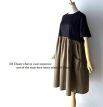 新品【送料185円】伸縮◎BLACK×KHAKI*異素材切替え*ギャザードレープ*デザインポケット付*プルオーバー*チュニック*ワンピース3820_画像3