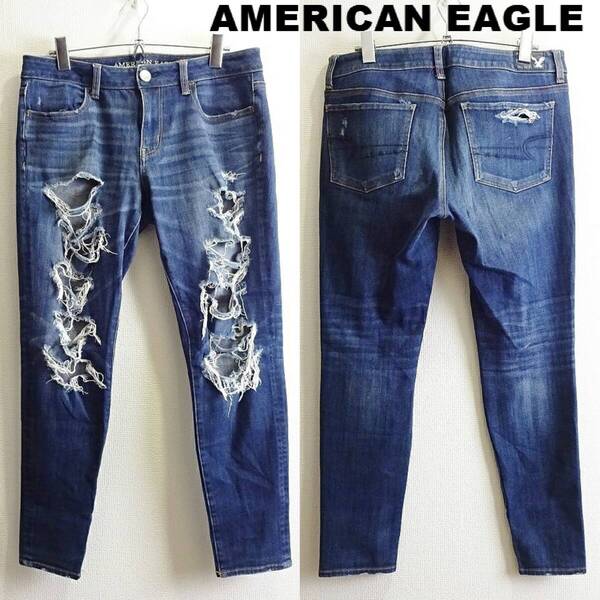 即決★ 送料無★ アメリカンイーグル JEGGING W80cm スーパーストレッチ クラッシュデニム レーヨン混 10R 藍青 360SS H284