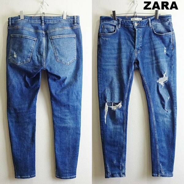 即決★ 送料無★ ZARA 　スキニーデニム　W86cm　強ストレッチ　クラッシュ加工　藍青　トルコ製　Sz.32　ザラ　H365