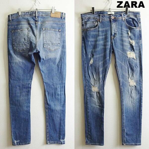 即決★ 送料無★ ZARA MAN　スキニーデニム　W91cm　ストレッチ　クラッシュ加工　藍青　エジプト製　34　ザラ　H372