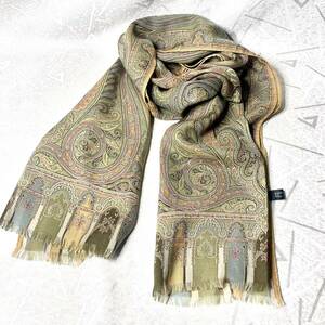  beautiful goods [ETRO/ Etro ] wool × silk large size green group multicolor peiz Lee pattern fringe scarf stole shawl Italy made 