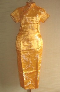 ◆105-37◆半袖ロングチャイナドレス（黄色梅柄①・Ｍサイズ・新品）
