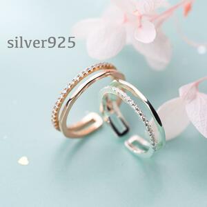 silver925 2 ream open ring sterling silver Cubic Zirconia lady's pink gold 