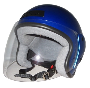 ZK-400 ジェットヘルメット（メタリックブルー）UVカット ハードコートシールド標準装備 全排気量対応 サイズ調整スポンジ付き S~L調整可