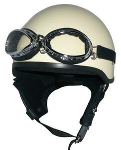 ZK-600 装飾ゴーグル付きハーフジェット(アイボリー) SG公認 耳あて脱着可能！ ポリスヘルメット ポリヘル
