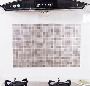 防水 耐熱 油汚れ防止 キッチン はがせる 壁シール 45×70㎝ タイル×グレー C072 アルミ 保護シート ガード 台所