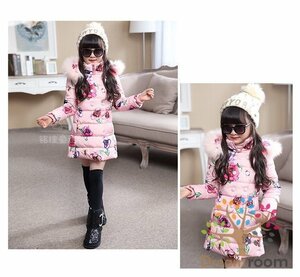 [150cm] down coat floral print flower navy child clothes outer girl cotton inside long coat Korea child clothes 