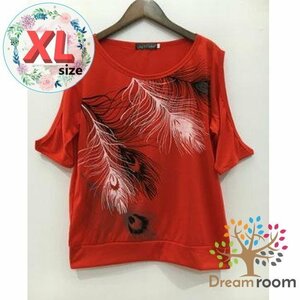  открытый плечо перо принт cut and sewn [ красный XL] футболка . часть длина tops 