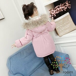 [140cm] fur attaching beautiful . down coat baby pink child clothes outer girl cotton inside Mod's Coat long coat boa Korea child clothes 