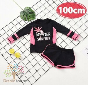 kids 2 point set resort cocos nucifera. tree pattern pink Rush Guard + sea water pants setup girl [100cm] K-237 swim wear -