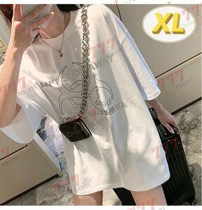 ユルっと可愛い！ミドル丈 シャイニーロゴ ビッグTシャツ 【ホワイト XL】 大きいサイズ トップス チュニック 体型カバー 半袖 K-318