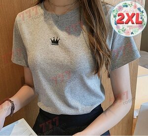 きれいめ シンプル クラウンTシャツ 【グレー 2XL】 半袖 ワンポイント 無地K-329