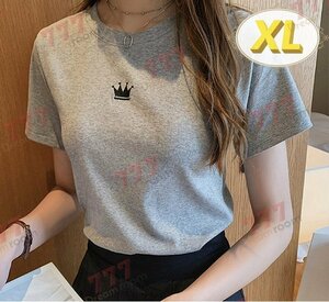 きれいめ シンプル クラウンTシャツ 【グレー XL】 半袖 ワンポイント 無地K-329