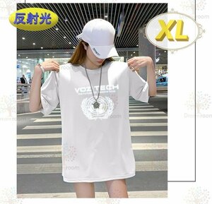 反射光☆光る トライバル ロゴ ビッグTシャツ 【ホワイト XL】 半袖 大きめ ゆるカジ K-403