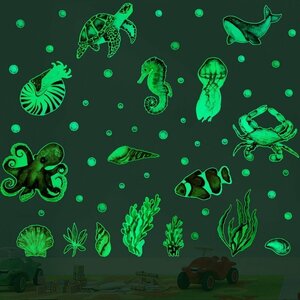 暗闇で光る☆蓄光 02 海の生き物 set グリーン 魚 海 seaウォールステッカー 壁 天井 シール リメイク DIY