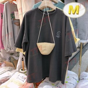 ユルっと可愛い！スマイル ビッグTシャツ 【ブラック M】 大きいサイズ キャラ 半袖 K-314