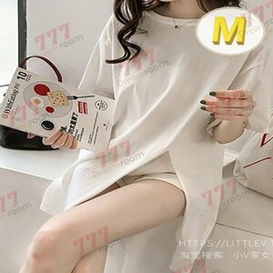 ユルっと可愛い！スリット入り simpleロング ビッグTシャツ 【ホワイト M】 大きいサイズ トップス チュニック 体型カバー 半袖 K-319