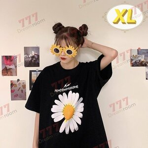 ユルっと可愛い！フラワー ビッグTシャツ 【ブラック XL】 大きいサイズ デイジー 半袖 K-313