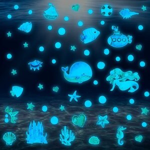 暗闇で光る☆蓄光 01 マーメイド 海 set ブルー 魚 海の生き物 貝殻 サンゴ ウォールステッカー 壁 天井 シール リメイク DIY