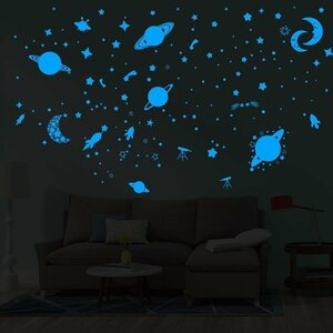 暗闇で光る☆蓄光 03 惑星 星 宇宙set ブルー ウォールステッカー 壁 天井 シール リメイク DIY