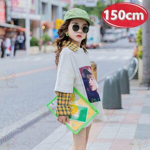 kids タータンチェック シャツ重ね着風 トップス 【150cm】ホワイト 女の子 ロンT 学生 秋服 長袖 K-418bk