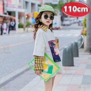 kids タータンチェック シャツ重ね着風 トップス 【110cm】ホワイト 女の子 ロンT 学生 秋服 長袖 K-418bk