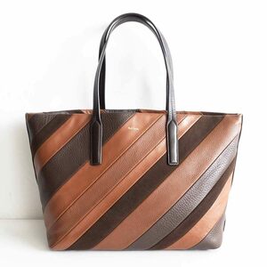 【美品】 Paul Smith 【レザー テクスチャーストライプ トートバッグ】ブラウン ハンドバッグ ポールスミス 2405652