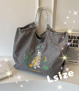 大人気 大容量 エコバッグ うさぎ刺繍 Lsize アニマル柄 ナイロン生地の刺繍バッグ