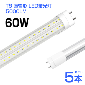 即納！5本 led蛍光灯 60W形 T8 直管 LED蛍光灯 240個LEDチップ 5000LM 昼光色6500K G13 120cm 照射角270° AC85-265V 1年保証 工事不要D22