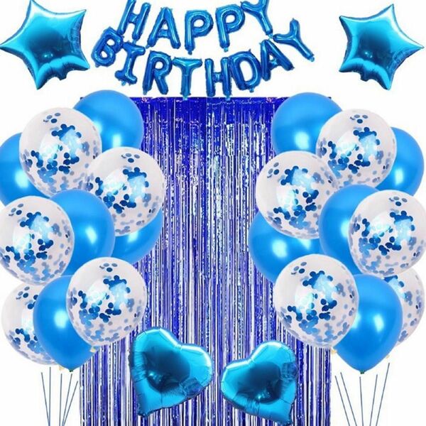 誕生日バルーン バースデーバルーン セット風船 お祝い ブルー　青　カーテン