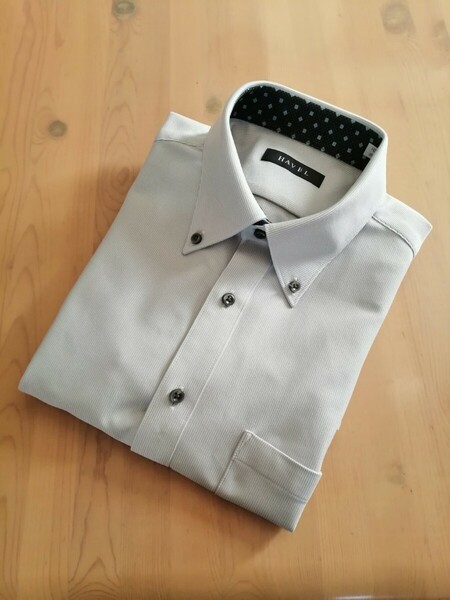 ワイシャツ　メンズ　ボタンダウン　ストレッチ　形態安定シャツ　白　半袖　L ニット素材　　ストライプ　ビジネス　グレー