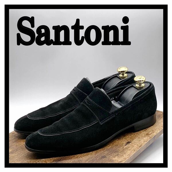 Santoni [サントーニ] ドレスシューズ コインローファー スリッポン スエード ブラック 黒 UK7.5 26cm 革靴 シューズ ビジネス イタリア製