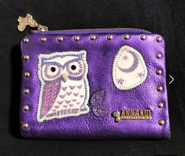 アナスイ 梟 ふくろう フクロウ 牛革 財布 ANNA SUI 紫 パープル 蝶