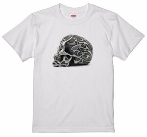 トライバルスカル Tシャツ デスメタル パンク 骸骨 S/M/L/XL 白 ロック 髑髏 ドクロ メタル 3d 立体 がいこつ ガイコツ